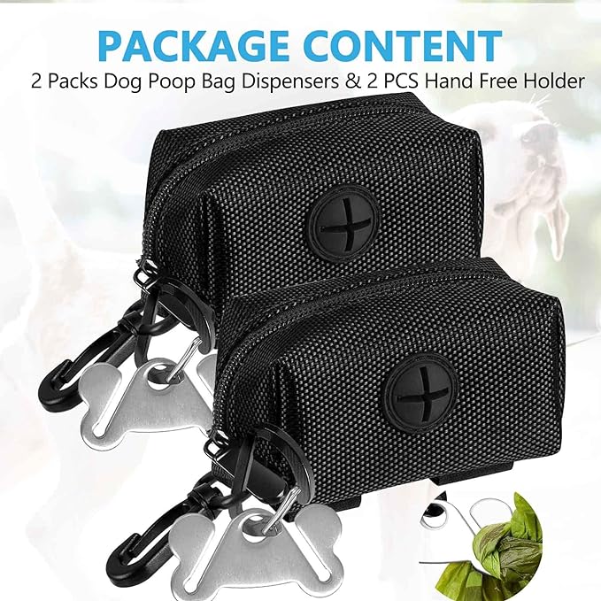 2Packs Dog Poop Bag Holder for Leash Attachment Dog Poop Bag Dispenser Dog Waste Bag Dispensers for Leash Accessory Dog Poop Bag Holders Fits Dog Leash Include Hand Free Holder Metal Carriers, Black