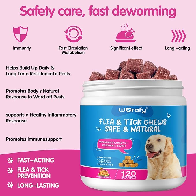 Flea & Tick Prevention for Dogs Chewable, 120 Flea and Tick Supplement for Dogs, Dog Flea & Tick Control Supplement, Flea and Tick Chews for Dogs, Oral Flea Pills for All Dogs