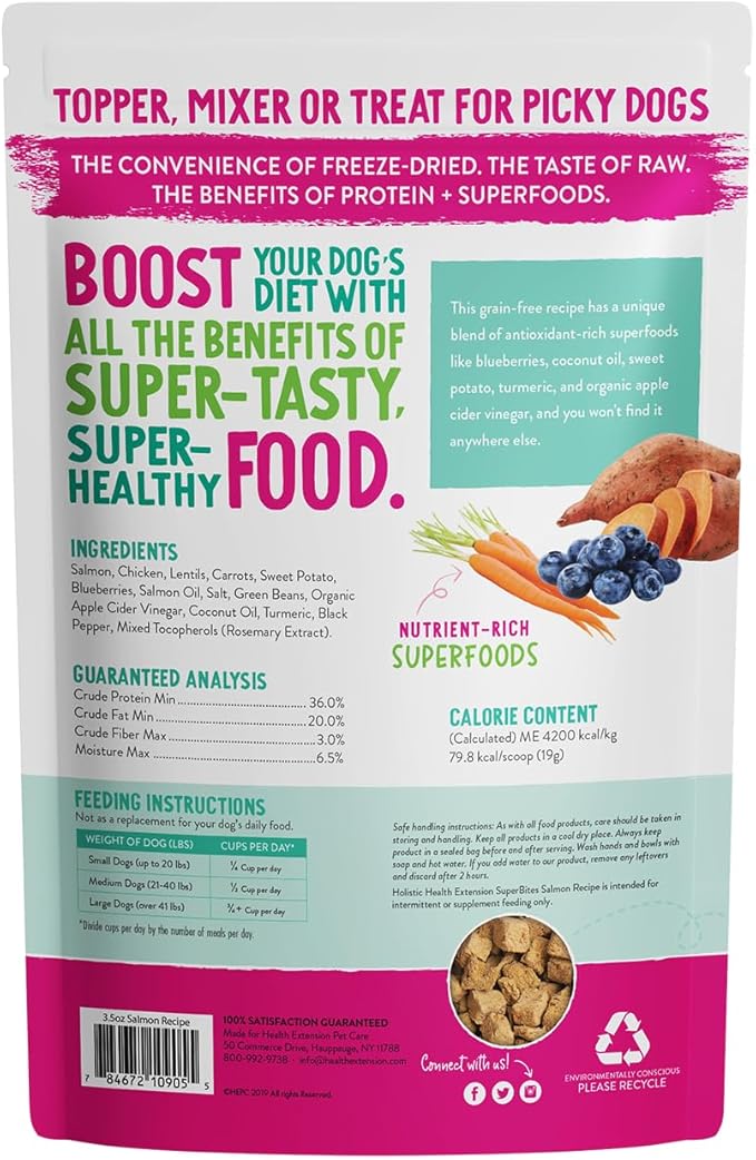 Health Extension Super Bites, Freeze-dried Raw, Gluten & Grain-free, with Extra Protein & Super Tasty Healthy Meal Mixer for Dogs, Salmon Recipe (3.5 Oz / 99 g)