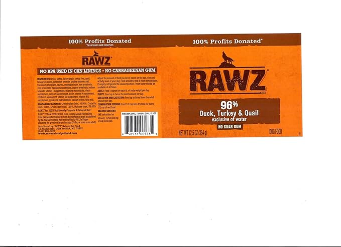 Rawz 96% Meat Canned Wet Food for Dogs 12 Pack/ 12.5 oz. Cans (Duck,Turkey&Quail)