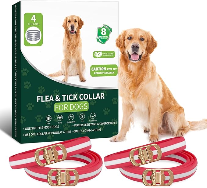 4 Pack Flea Collar for Dogs, Flea and Tick Collar for Dogs Red & White, 32 Months Flea and Tick Prevention for Dogs, Dog Flea and Tick Treatment, Water-resistant & Adjustable Dog Flea Collar