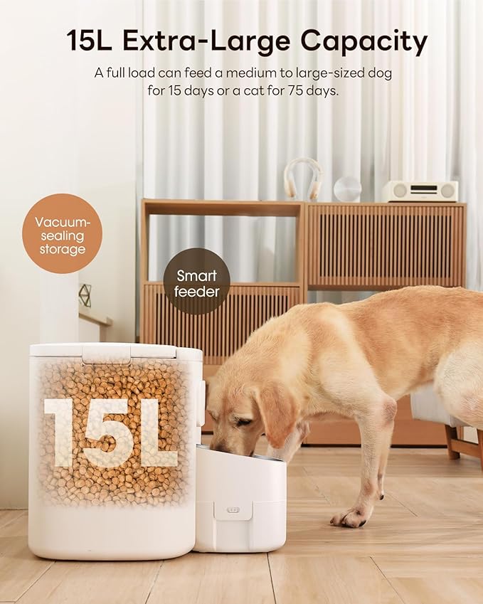 Automatic Dog Feeder for Large Breed, 15L/ 63Cups Vacuum-Sealed Storage & Timed Auto Dog Food Dispenser 2in1, Airtight 100% Freshness, Anti-blockage, Support up to 22mm Pet Food, Stainless Steel Bowl