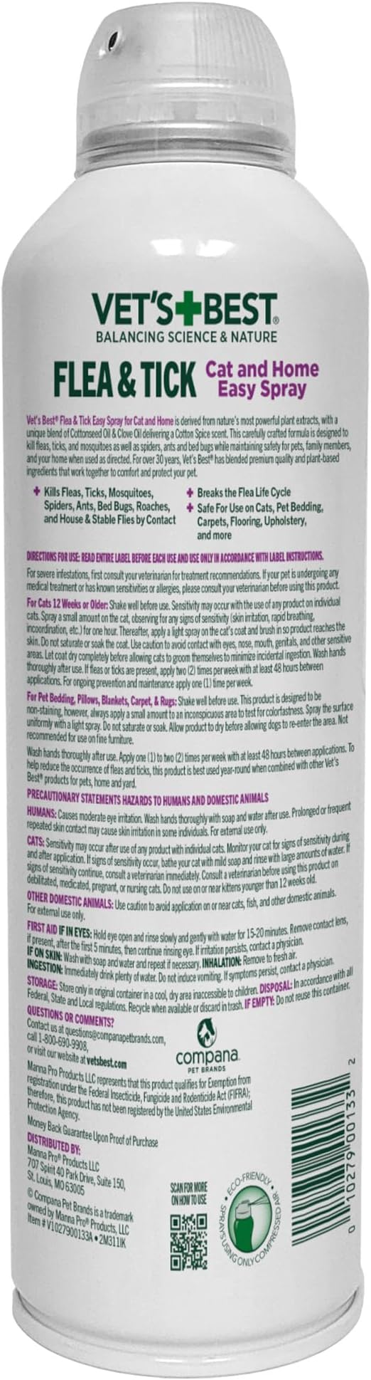 Vet’s Best Flea & Tick Flea and Tick Cat Easy Spray – Cotton Spice Scent – Natural Flea & Tick Prevention – Kills Fleas & Ticks for Cats – 14oz