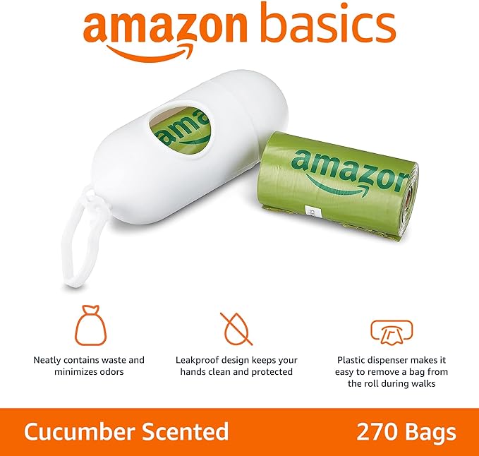 Amazon Basics Dog Poop Bags With Dispenser and Leash Clip, Cucumber Scented, 270 Count, 18 Pack of 15, 13 Inch x 9 Inch