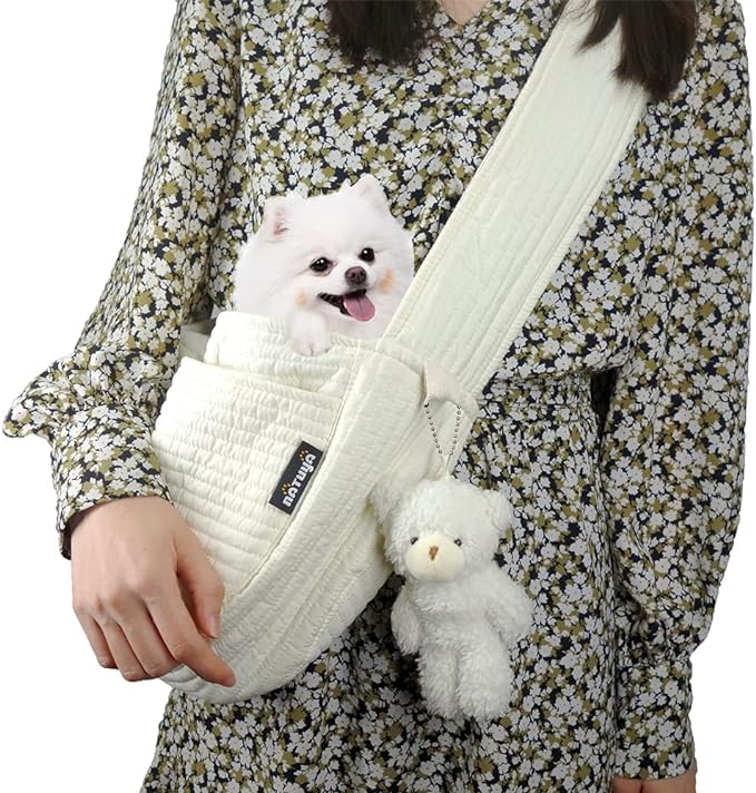 NATUYA Small Dog Carrier Sling for Small Dogs Puppy Cat - Big Pouch Safety Leash Pet Sling Carrier for Walking Outdoor Travel (White Long Strap, Canvas)