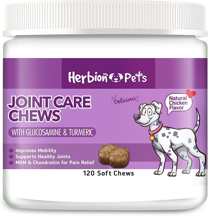 Herbion Pets Joint Care Chews with Glucosamine & Turmeric, 120 Soft Chews - MSM & Chondroitin for Pain Relief - Improves Mobility - Supports Healthy Joints - Made in The USA - for Dogs 12 Weeks+