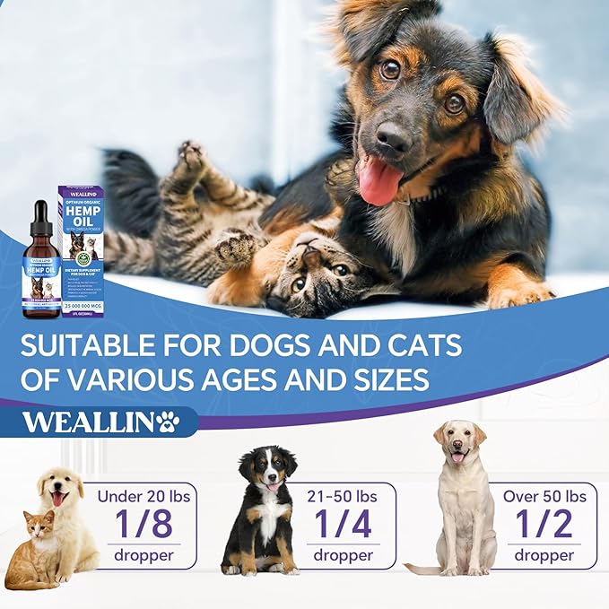 Hemp Oil for Dogs and Cats, rich in Omega 3, 6, 9 and Organic Extract Helps Pets with Anxiety, Pain, Skin and Coat Health, Stress, Hip and Joint Support, Pet's Calming Treat (1 Pack)