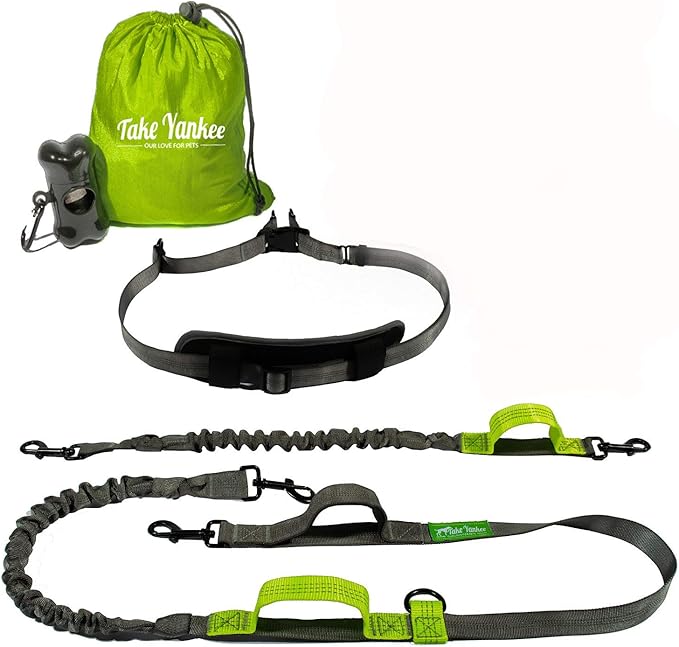 Hands Free Dog Leash for Running +Training Leash Walking & Double Dog Leash Coupler Set, Fits 2 Dogs - Bungee Leash & Reflective Leash - Adjustable Waist Belt & Retractable Leashes Take Yankee