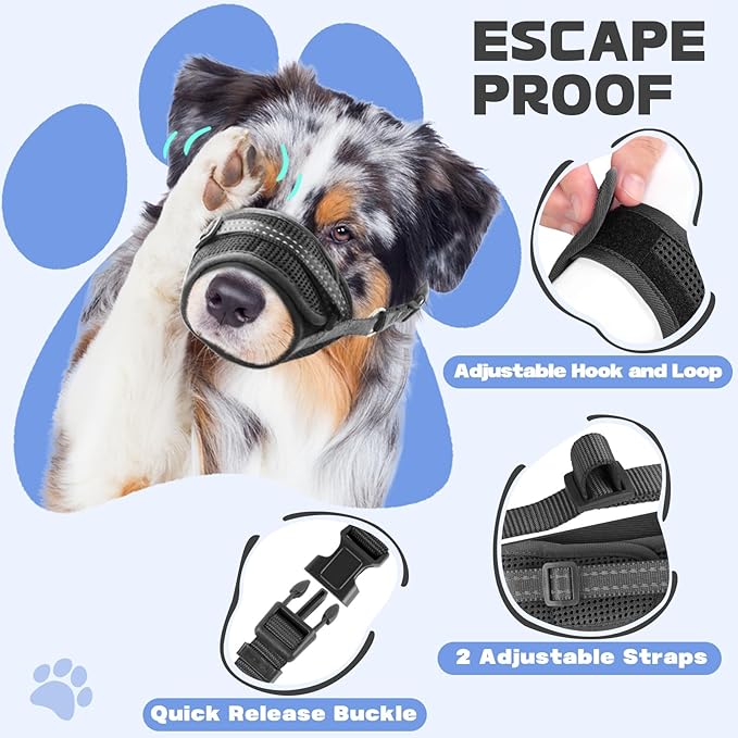 Dog Muzzle Soft Air Mesh Muzzle for Medium Dogs, Adjustable Pet Muzzle for Small and Large Dogs to Drink Normally, Breathable Reflective Muzzle for Dogs to Prevent Biting(Black,S-4)