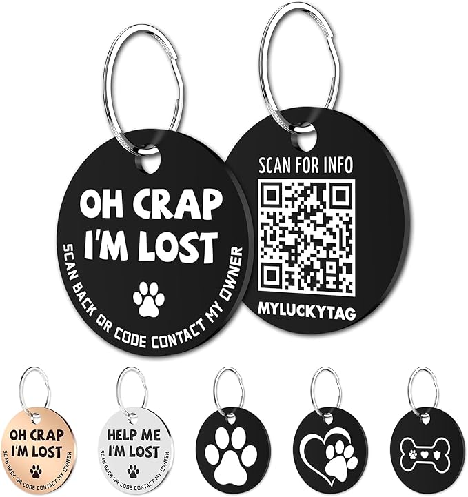 MYLUCKYTAG Stainless Steel QR Code Pet ID Tags Dog Tags - Pet Online Profile - Scan QR Receive Instant Pet Location Alert Email