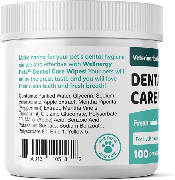 Dental Wipes for Dogs and Cats - No Brush Formula; Improve Oral Hygiene and Health; Freshen Breath; Fresh Mint Flavor. 100 Wipes.