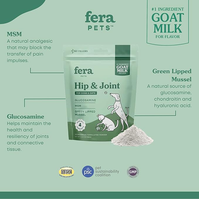 Fera Pets Hip & Joint Goat Milk Cat & Dog Food Topper – Vet Created - Joint Supplement for Dogs & Cats – Glucosamine for Dogs & Cats, MSM- 60 Servings