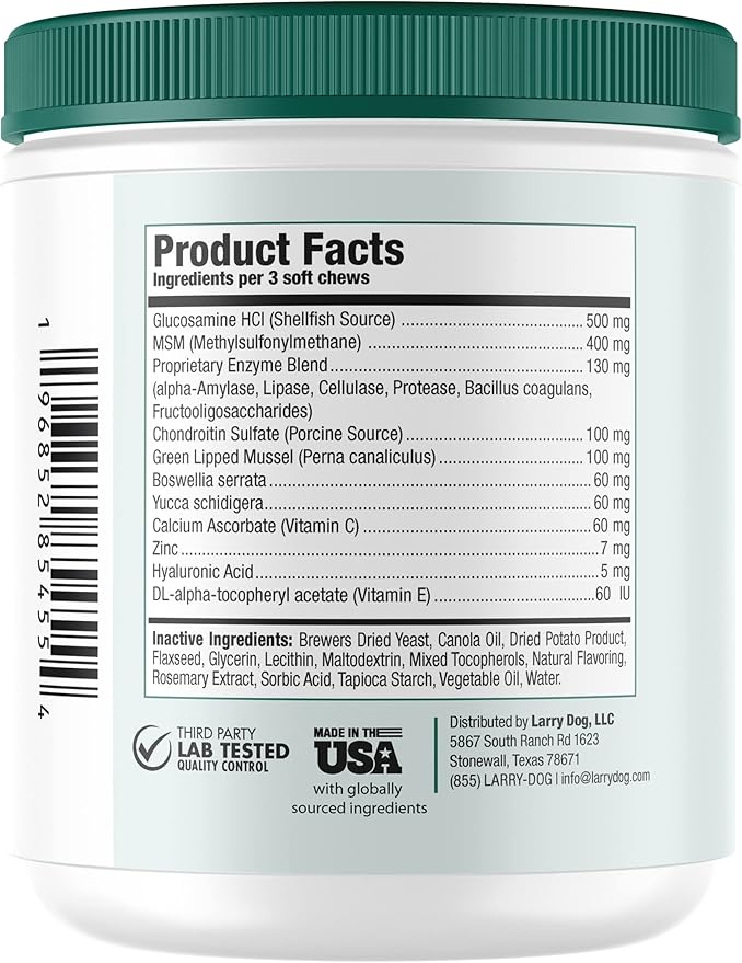 Dog Hip and Joint Supplement by Larry | Chondroitin, MSM, Hyaluronic Acid, & Glucosamine for Dogs | Dog Hip & Joint Care for All Breeds & Sizes | Dog Treats for Hip and Joint Health, (120 Soft Chews)