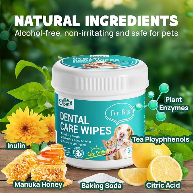 Teeth Cleaning Finger Wipes for Dogs & Cats - Gentle Removing Bad Breath & Plaque & Tartar Buildup - Disposable Dog Tooth Brushing Kit Wipes, Dog Dental Care Wipes - 50 Counts