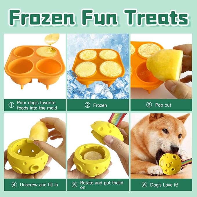 Dog Chew Toys,Treat Tray for Frozen Dog Food,Long-Lasting Durable Fillable Dog Treat Dispensing Dog Toy,Freezable Fillable Rubber Dog Toys with Silicone Treat Tray (Yellow&Treat Mold)