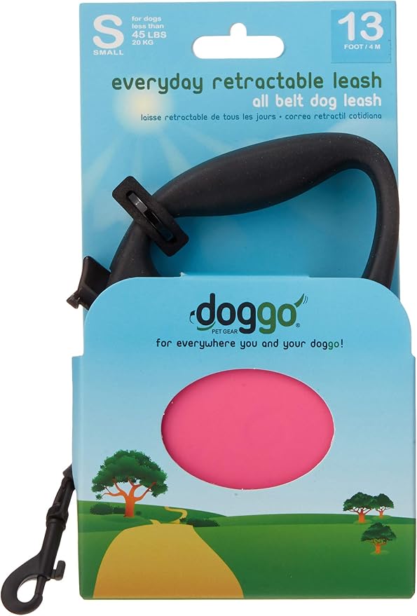 doggo Everyday Retractable Dog Leash, 13' Long Belt, Small for Dogs Up to 45 lbs, Pink with Black Soft Grip Handle