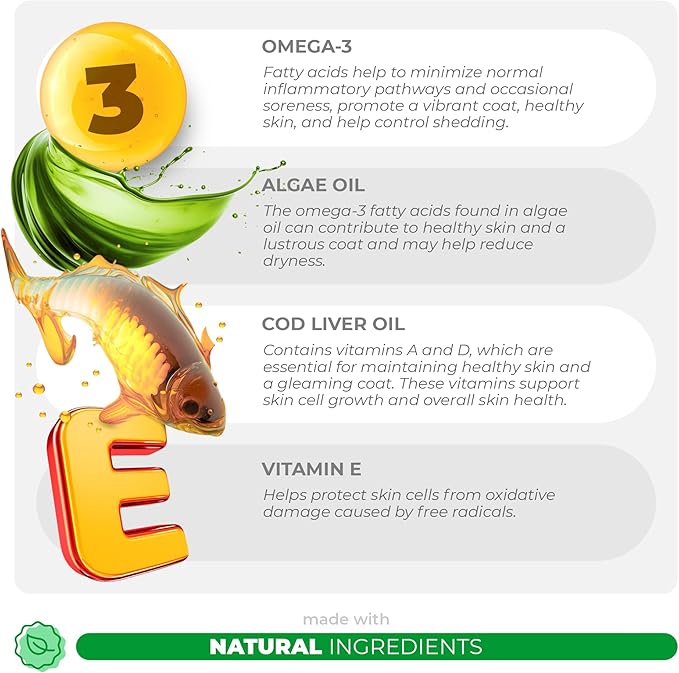 Omega 3 Fish Oil for Dogs - 90 Soft Chews - with Cod Liver Oil, Algae Oil, EPA & DHA Fatty Acids for Dog Shedding, Itchy, Dry Skin, Joint & Heart Support (Soft Chews)