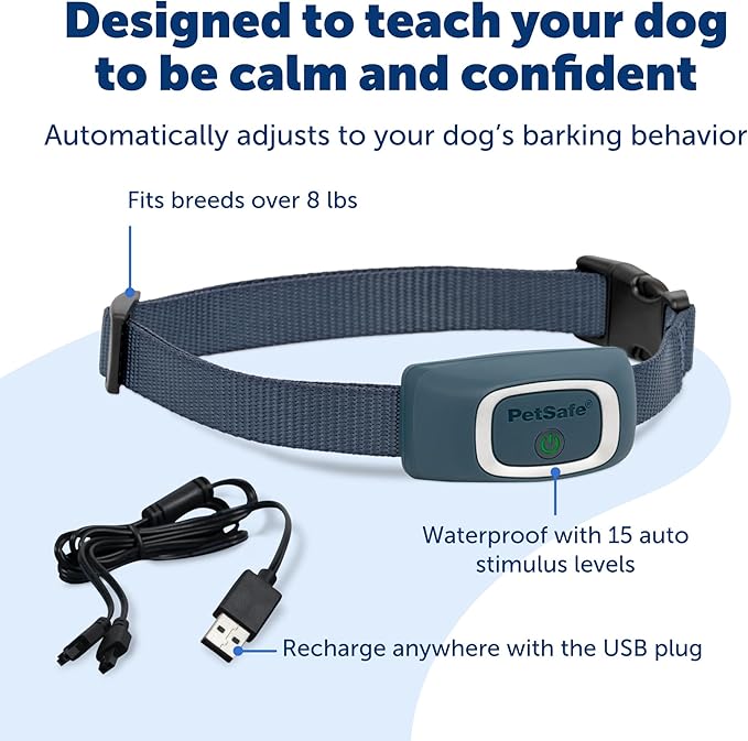 PetSafe Rechargeable Bark Collar, 15 Levels of Automatically Adjusting Static Correction - Rechargeable, Waterproof - Reduces Barking and Whining - for Small, Medium, and Large Dogs over 8 lb