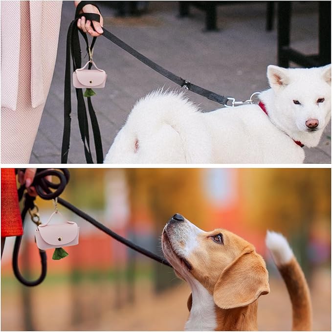 Leather Poop Bag Holder Dispenser for Leash, Portable and Reusable Dog Poop Bag Dispenser, Dog Bag Holder for Walking, Outdoor, Travelling (Pink)