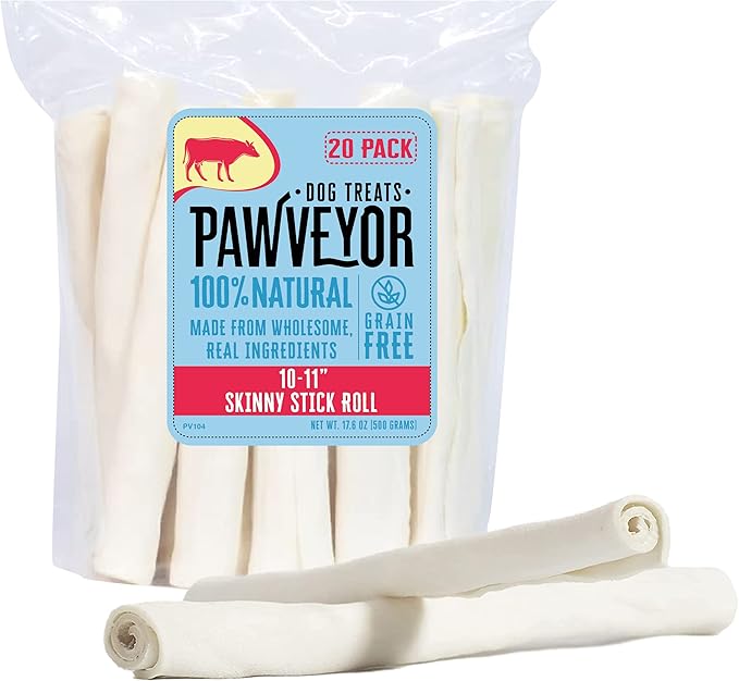 10-11" Skinny Stick Dog Rawhide Chews - Pack of 20 Long Lasting Rawhides for Dogs - All-Natural, Protein-Dense Beef Rawhide Bones for Small Dogs - Odor-Free and Great for Dental Health