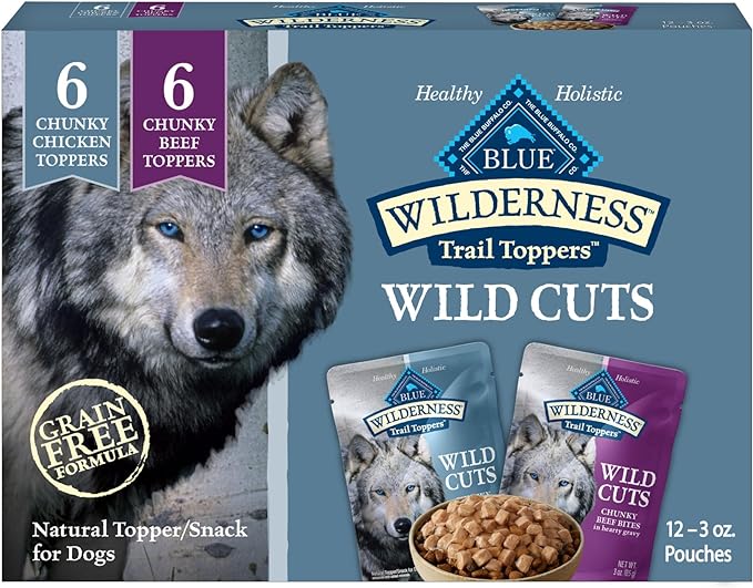 Blue Buffalo Wilderness Trail Toppers Wild Cuts Wet Dog Food Variety Pack, High-Protein & Grain-Free, Made with Natural Ingredients, Chicken and Beef Flavors, 3-oz. Pouches, (12 Count, 6 of Each)