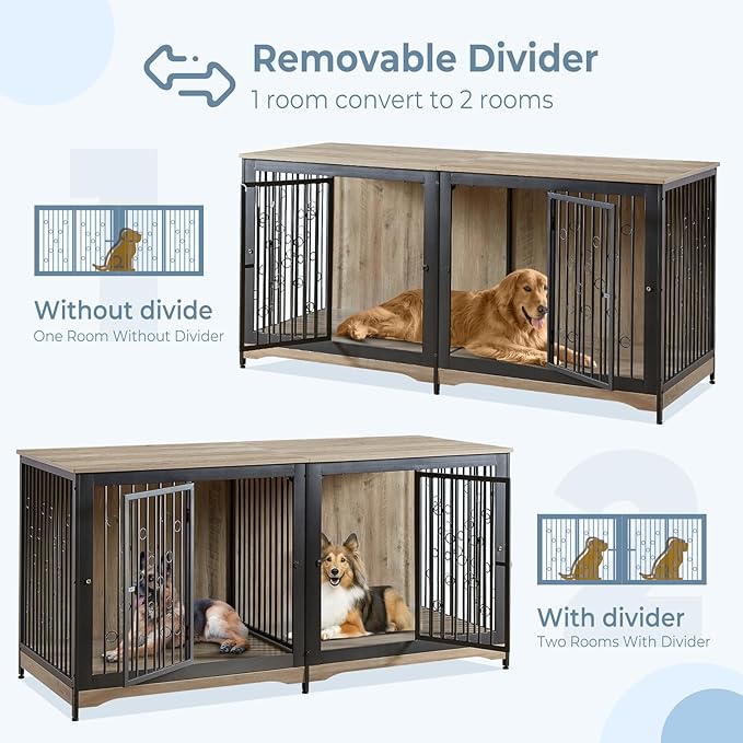 70.86'' Dog Crate Furniture Large Breed TV Stand with Cushion & Double Rooms,Wooden Dog Kennel Dog Crate End Table with Removable Divider for Large Medium Dogs, Grey