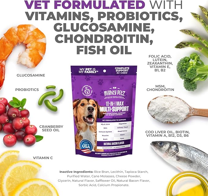Mighty Petz MAX Dog Multivitamin - Senior & Adult Dog Vitamins 10 in 1 Complete Support for Joints, Immunity, Mobility, Gut, Energy, Skin Health. Daily Pet Chewable Supplement