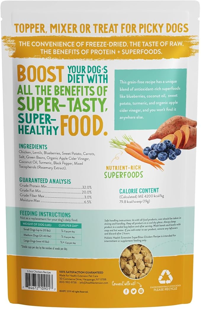 Health Extension Super Bites, Freeze-dried Raw, Gluten & Grain-free, with Extra Protein & Super Tasty Healthy Meal Mixer for Dogs, Chicken Recipe (18 Oz / 226 g)