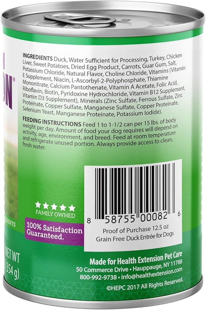 Health Extension Wet Dog Food Canned, Gluten & Grain-Free, Natural Food for All Dogs with Added Vitamins & Mineral, Duck Entree (12.5 Oz / 374 g) (Pack of 12)