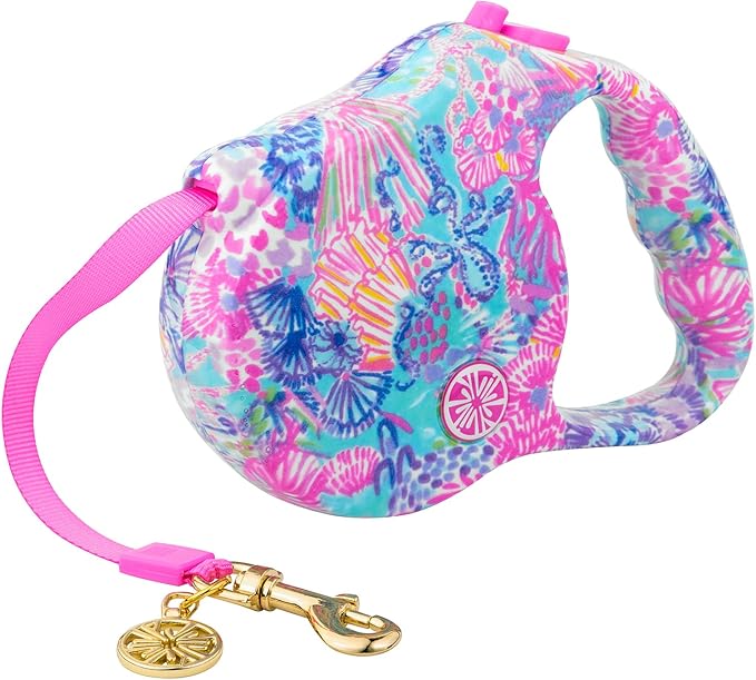 Lilly Pulitzer 16 Foot Retractable Dog Leash with Brake, Long Walking Lead Holds Pets Up to 90 Pounds, Splendor in The Sand