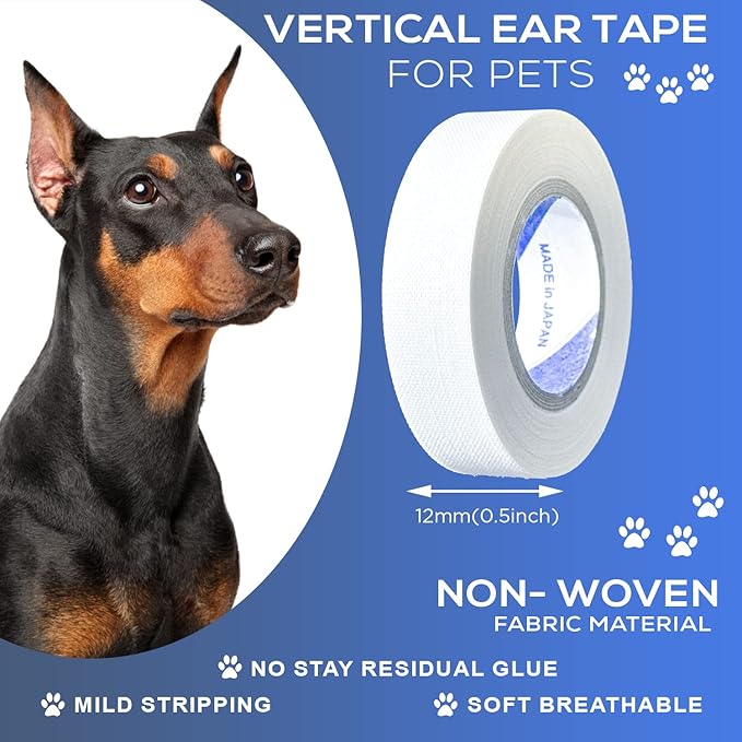 Ear Tape for Dogs 5 Pack with Dog Ear Cleaner Cotton Swabs, Self Adhesive Cotton Tape for Dog Ear Protection and Support, Ear Care Set for Dogs (Tape Width_0.5 inch(12mm))