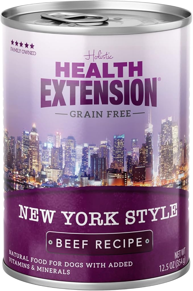 Health Extension Dog Food, New York Style Beef Recipe - 12.5 oz, Grain Free, Added Vitamins and Minerals, for All Life Stages, Vet Formulated, Improve Gut Health, Immune Support (Case of 12 Cans)