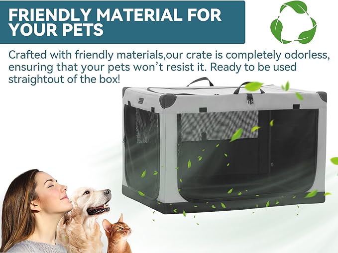 Petsfit 36 Inch Dog Crates, Adjustable Fabric Cover by Spiral Iron Pipe, Chew Proof 3 Door Design, Soft Collapsible Dog Kennel Grey