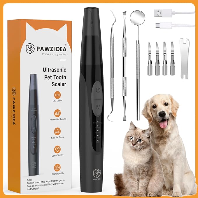 PAWZIDEA Dog Plaque Remover for Teeth Ultrasonic 44kHz, Intelligent Pet Ultrasonic Tooth Cleaner, Tartar Remover for Dog Teeth Cleaning Kit, Canine/Cat Toothbrush Scaler Dental Care Tool, Rechargeable
