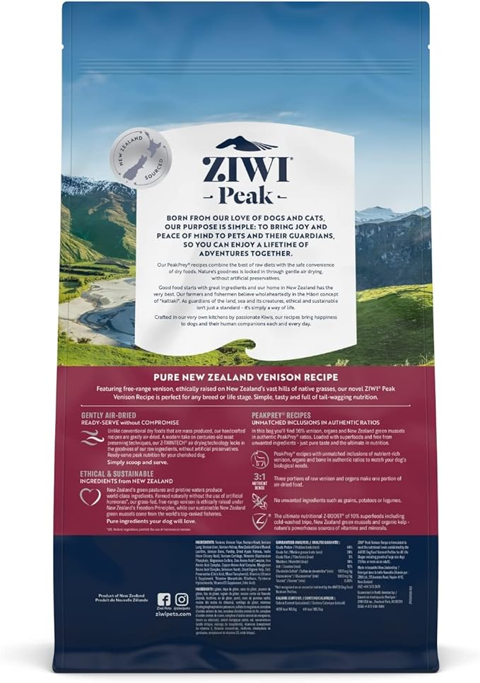 ZIWI Peak Air-Dried Dog Food – All Natural, High Protein, Grain Free & Limited Ingredient with Superfoods (Venison, 5.5 lb)