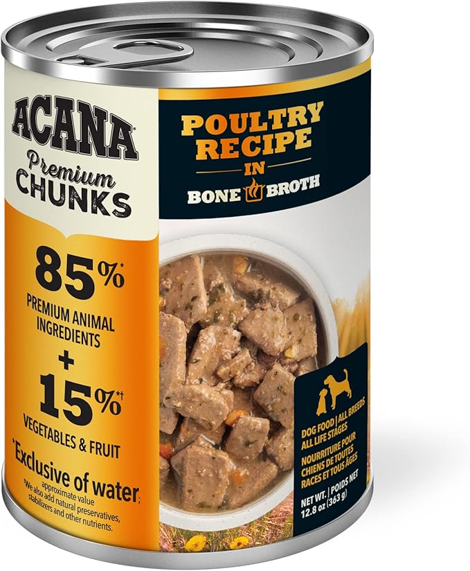 ACANA Premium Chunks Wet Dog Food, Poultry Recipe in Chicken and Turkey Bone Broth, 12.8oz (Case of 12)