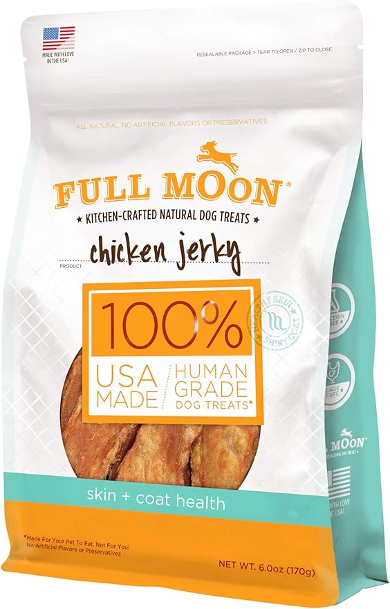 Full Moon All Natural Human Grade Dog Treats For Skin & Coat Health, Chicken Jerky, 6 Ounce