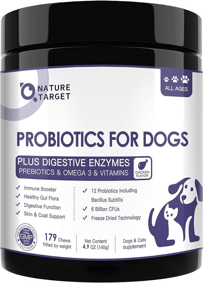 Probiotics for Dogs, 6 Billion CFUs, Freeze Dried Dog Probiotics with Prebiotics and Digestive Enzymes, Vitamins and Omega 3, for Gut & Skin & Immune Health, Allergy Itch Relief, Reduce Diarrhea, Gas