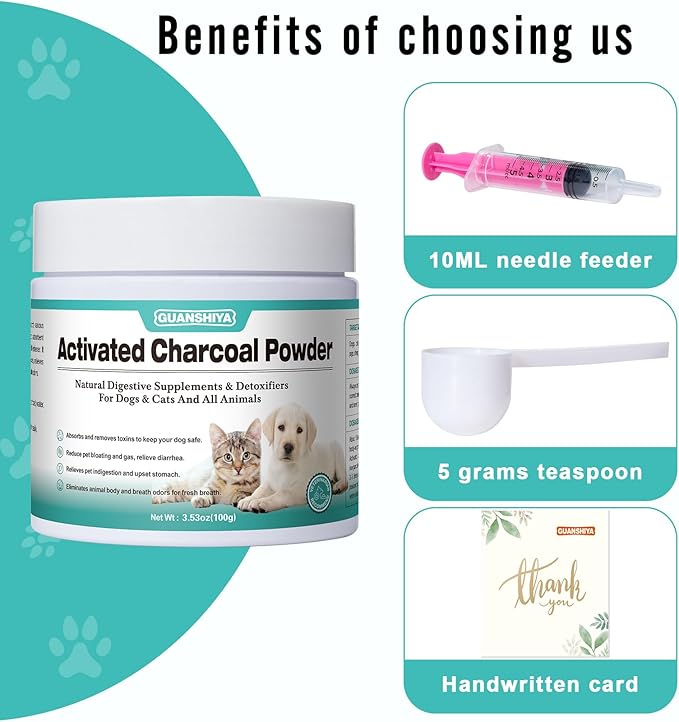 Activated Charcoal for Dogs, Cats, and All Pets, Charcoal for Dogs Poisoning, Digestive Upset and Gas Relief, Liver Support, Non-GMO, Gluten Free,3.53oz(Powder)
