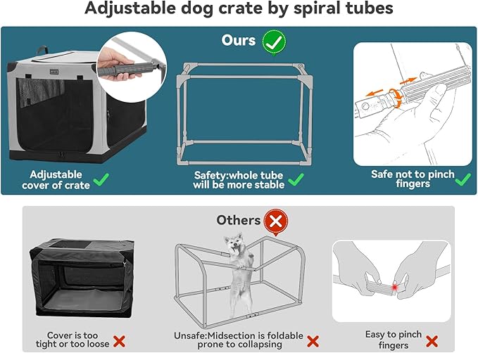 Petsfit 36 Inch Dog Crates, Adjustable Fabric Cover by Spiral Iron Pipe, Chew Proof 3 Door Design, Soft Collapsible Dog Kennel Grey