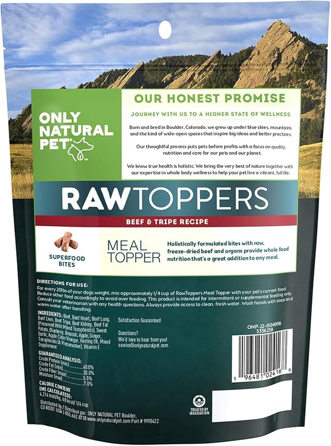 Only Natural Pet Raw Toppers Freeze Dried Beef and Tripe Recipe - Protein Packed, Great Tasting Freeze Dried Raw Food Topper for Dogs - 5.5 OZ Bag 2 Pack