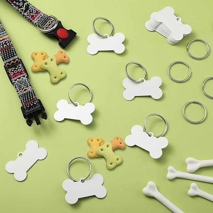 Hotop 16 Pieces Sublimation Blank Dog Tags Aluminum Dog ID Tags BoneShaped Pet Name Tags Double Sided Dog Collar Tags with 16 Pieces Key Rings for Dogs and Cats