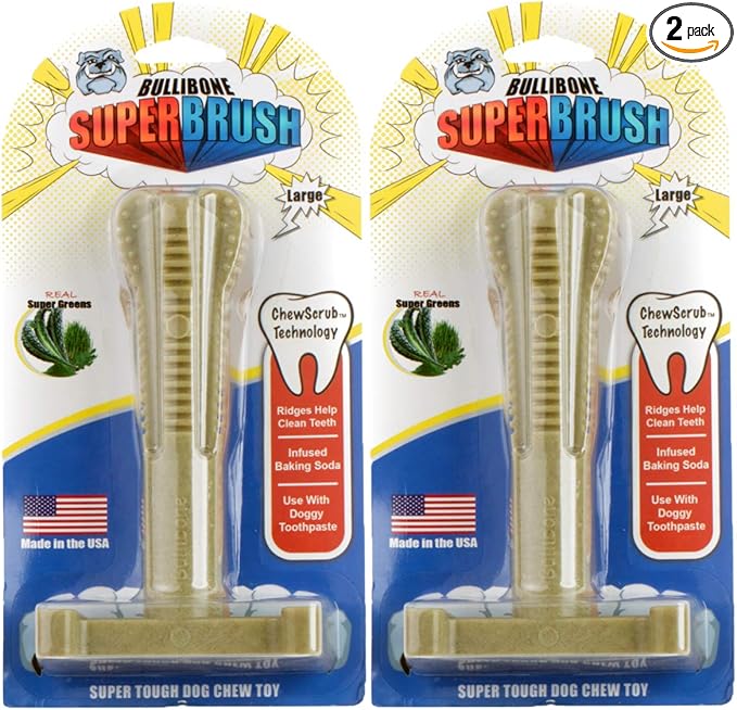 Bullibone SuperBrush: Dog Teeth Cleaning Brushing Toothbrush Stick - Long Lasting Nylon Super Greens Chew Toy for Oral Care and Dental Health