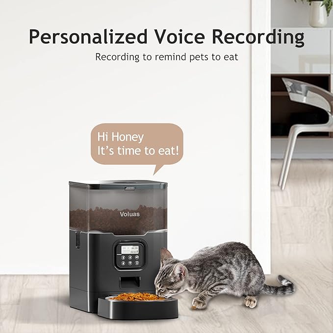 VOLUAS Automatic Cat Feeders - Dry Food Dispenser with Timer, Desiccant Bag, Programmable Portion Size Control 4 Meals Per Day, 10s Voice Recorder