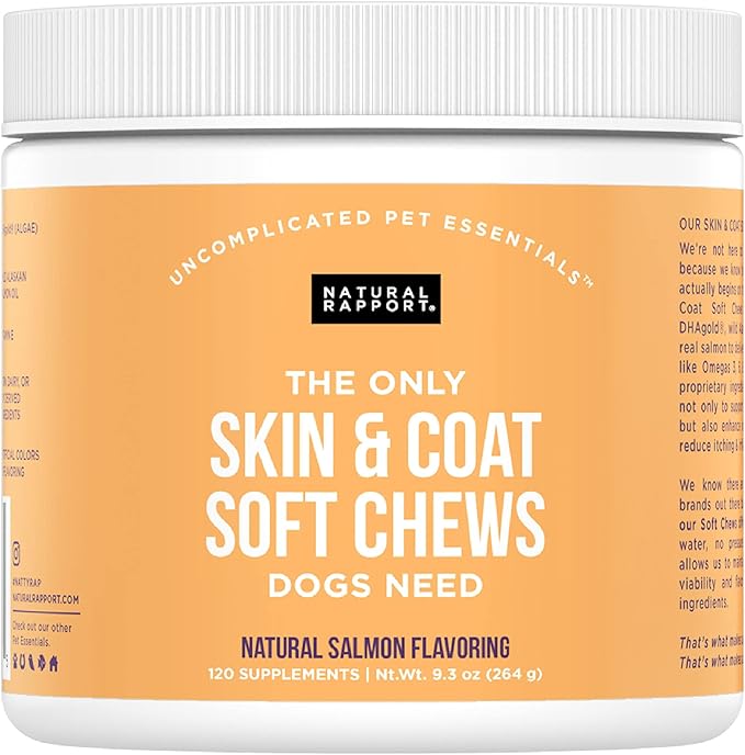 Natural Rapport Dog Skin and Coat Supplement - The Only Skin and Coat Soft Chews Dogs Need - 120ct Treats That Contain Salmon Oil and Omegas 3, 6, & 9 for a Healthy Coat