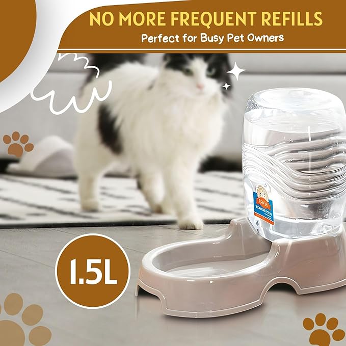Flexzion Automatic Pet Water Dispenser - Self-Filling Cat & Dog Gravity Water Bowl, 3/8 Gallon (1.5L) Beige Auto Cat Water Dispenser, Non-Skid & Easy-Clean Dog Water Feeder