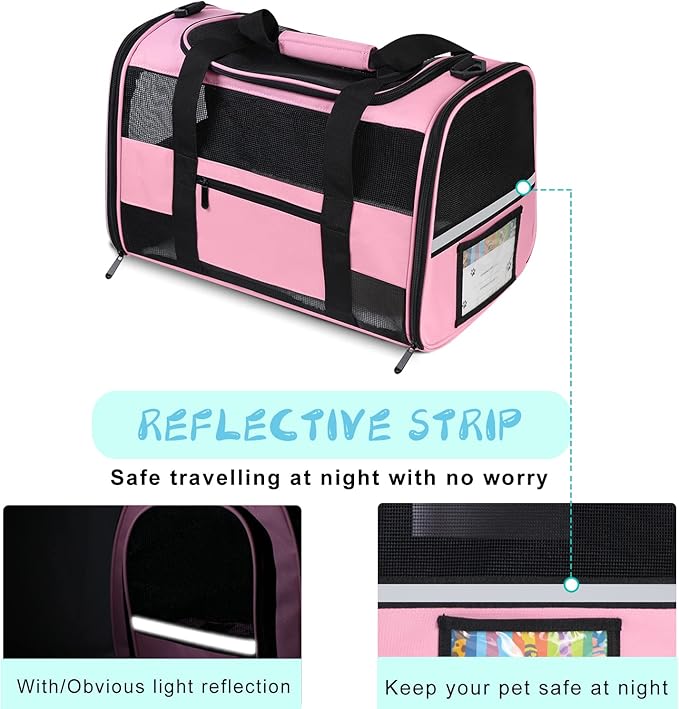 Cat Carrier Pet Carrier Airline Approved for Small Dogs Medium Cats Puppies 15 Lbs Dog Carrier with Reflective Strip, Collapsible Soft Sided Dog Travel Carriers - Pink