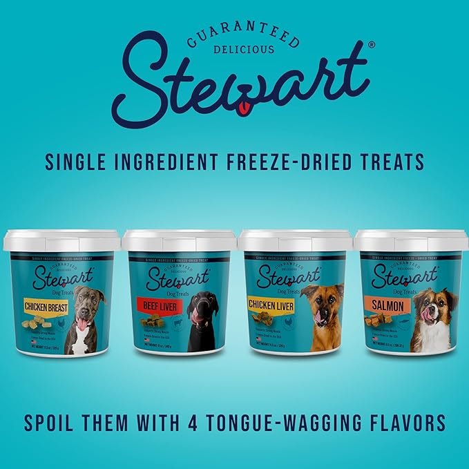 Stewart Freeze Dried Dog Treats, Beef Liver, Salmon, Chicken Liver & Chicken Breast, 4 oz, 12 oz, 14 oz, 21 oz, Resealable Tub, Grain Free & Gluten Free, Single Ingredient, Dog Training Treats