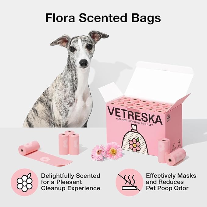 VETRESKA Lavender Scented Dog Poop Bags, Leak Proof, Extra Thick and Large Dog Waste Bags for Dog Walking and Cat Litter, 36 Refill Rolls, 540 Bags, Pink