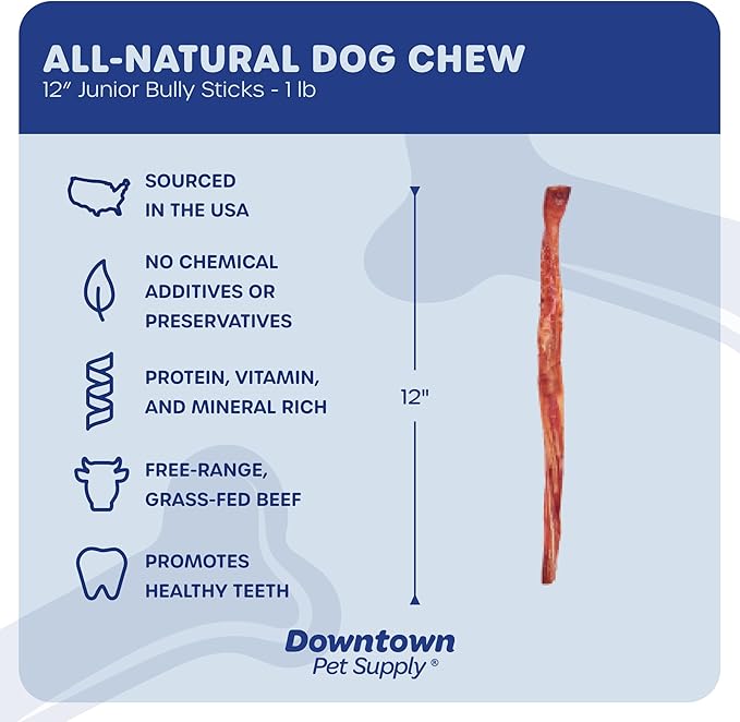 Downtown Pet Supply USA Sourced Thin Junior Bully Sticks (12" - 1 LB) - Bully Sticks for Small Dogs and Puppies- Single Ingredient Long Lasting Dog Dental Treats
